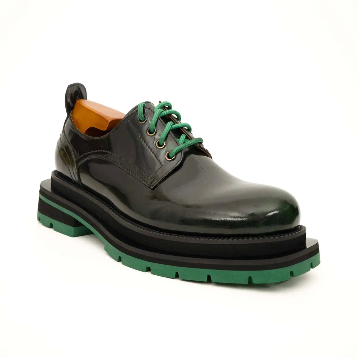 Black-Green Plain-Toe Calf Leather Derby Shoes