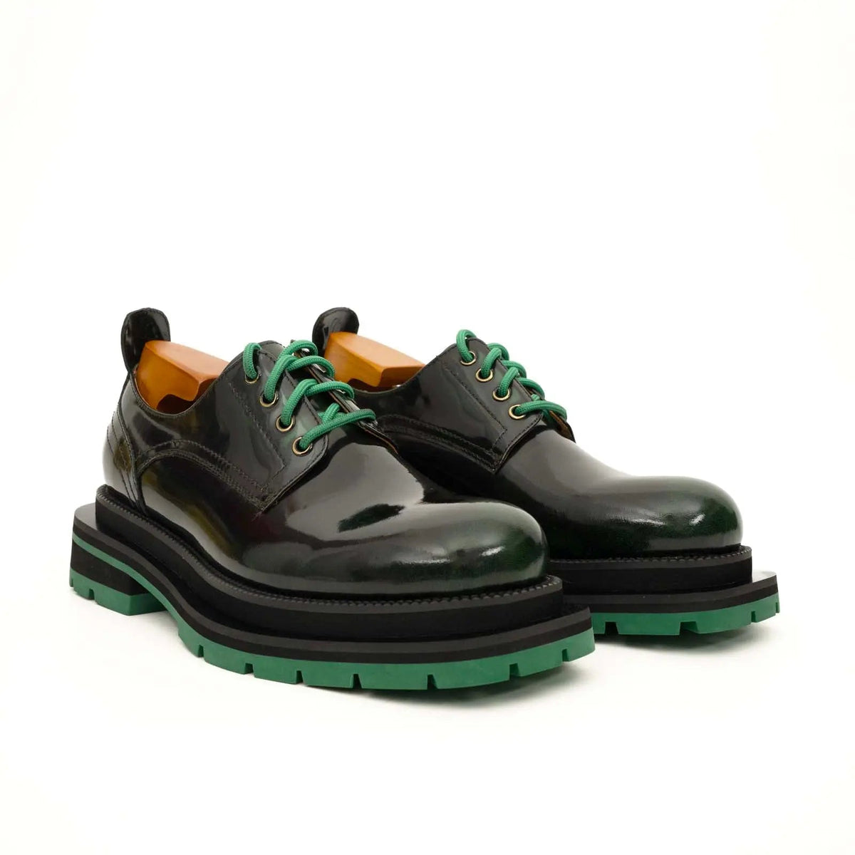 Black-Green Plain-Toe Calf Leather Derby Shoes