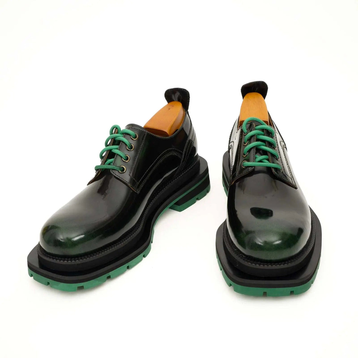 Black-Green Plain-Toe Calf Leather Derby Shoes