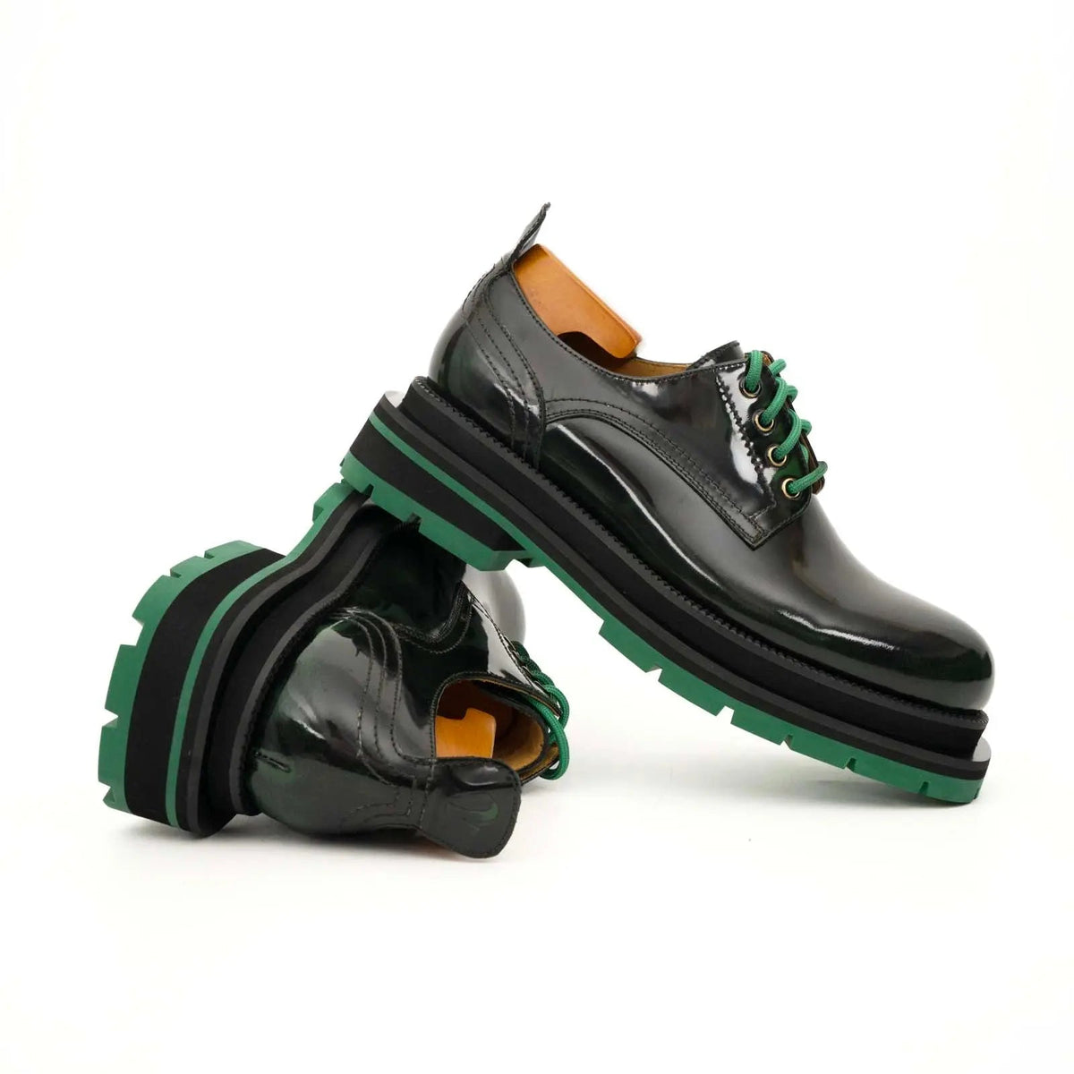 Black-Green Plain-Toe Calf Leather Derby Shoes