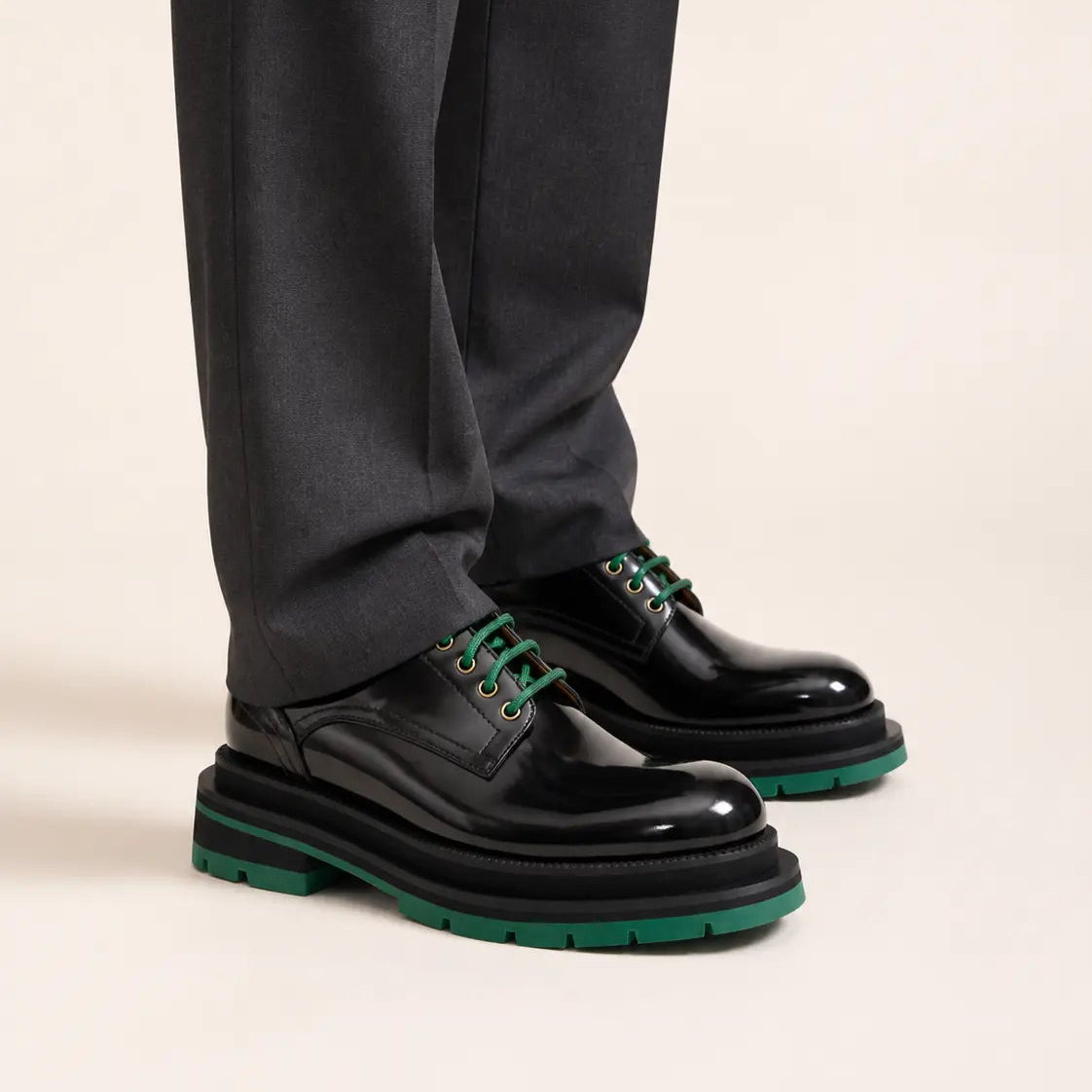 Black-Green Plain-Toe Calf Leather Derby Shoes