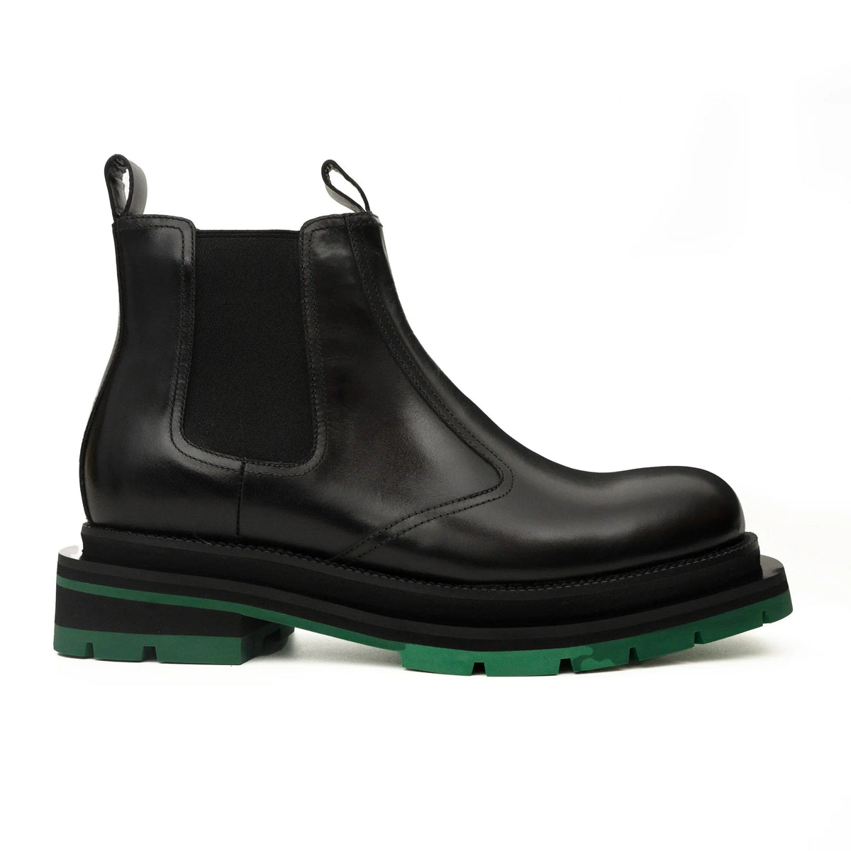 Black Calf Leather Chelsea Boots with Green Lug Sole
