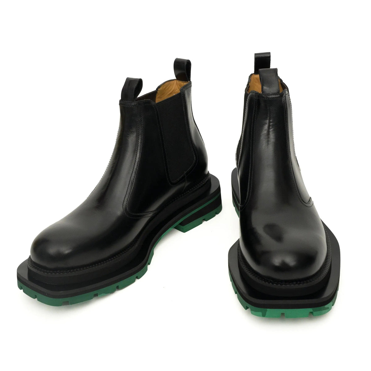 Black Calf Leather Chelsea Boots with Green Lug Sole