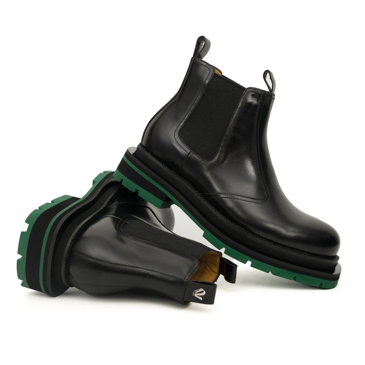Black Calf Leather Chelsea Boots with Green Lug Sole