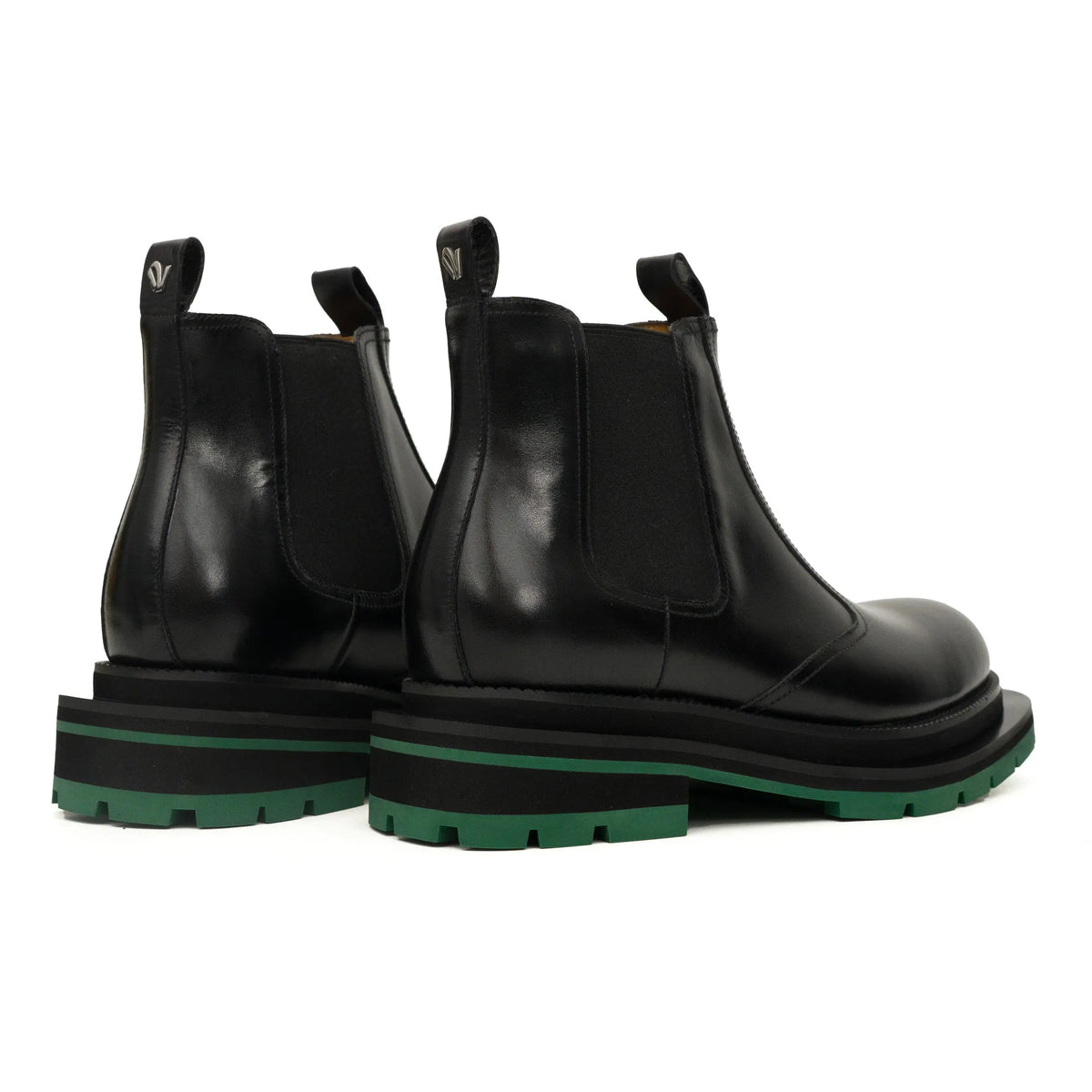 Black Calf Leather Chelsea Boots with Green Lug Sole