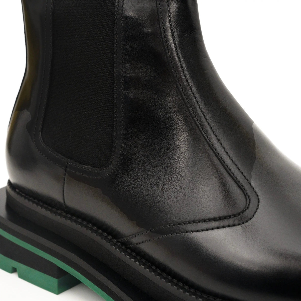 Black Calf Leather Chelsea Boots with Green Lug Sole