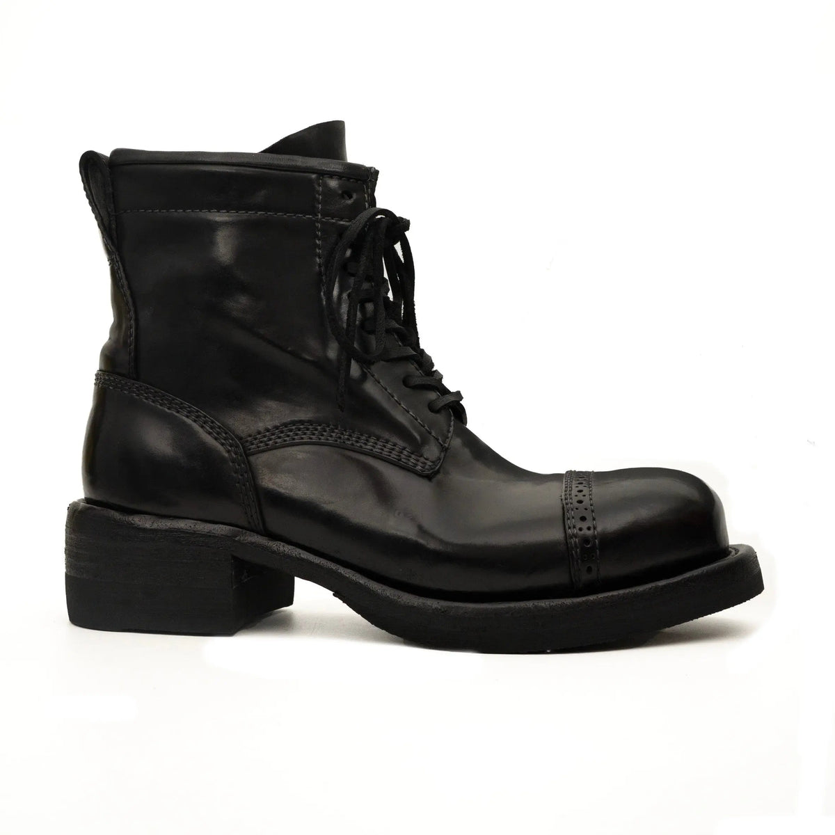 Black Cap-Toe Horse Butt Leather Lace-Up Boots