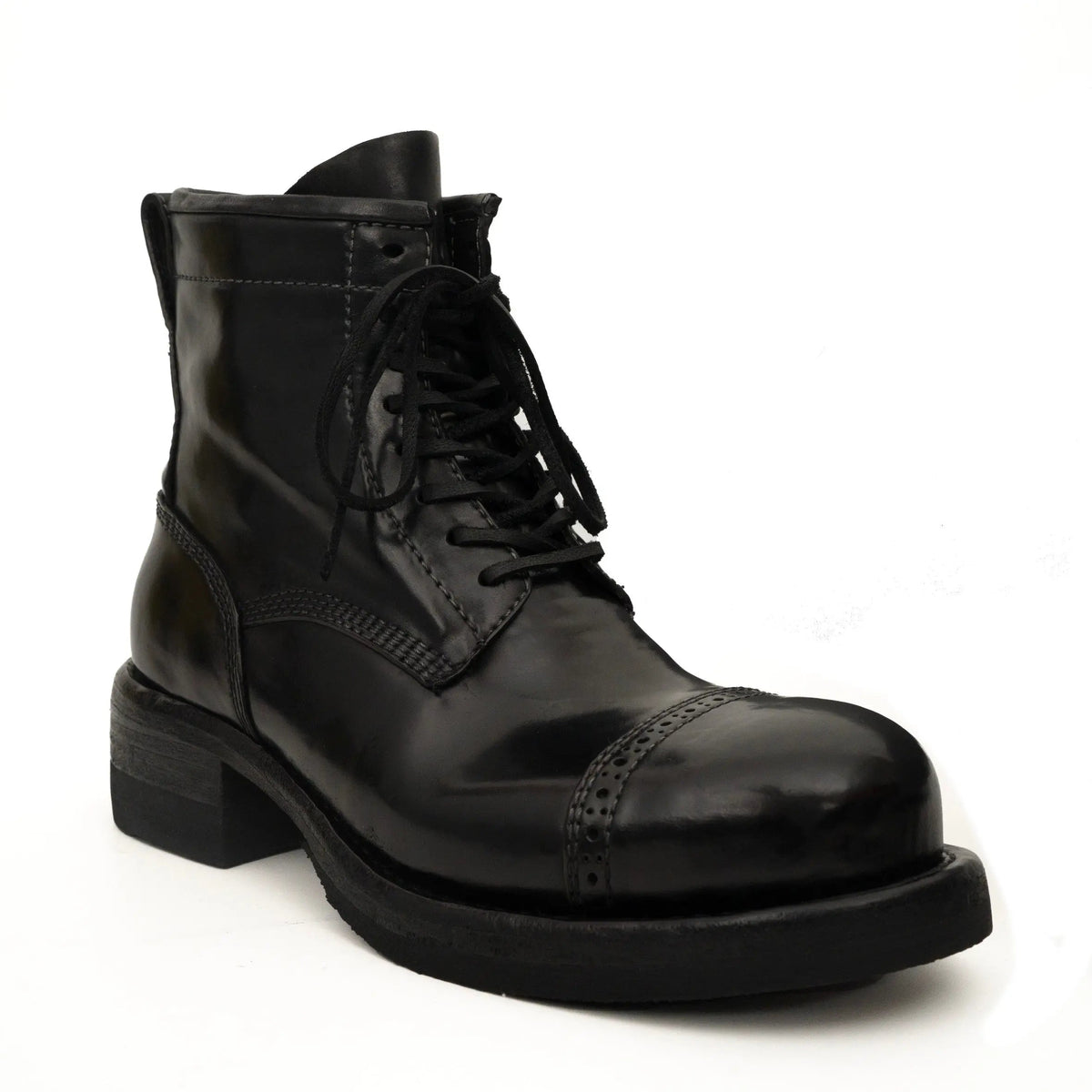 Black Cap-Toe Horse Butt Leather Lace-Up Boots