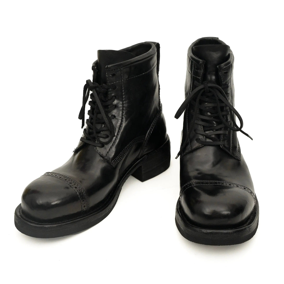 Black Cap-Toe Horse Butt Leather Lace-Up Boots