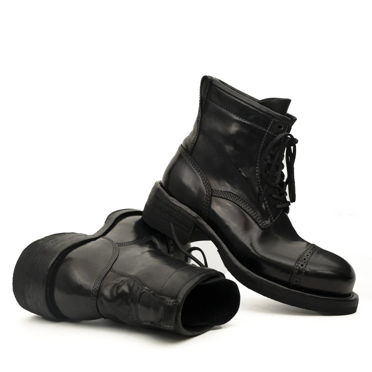 Black Cap-Toe Horse Butt Leather Lace-Up Boots