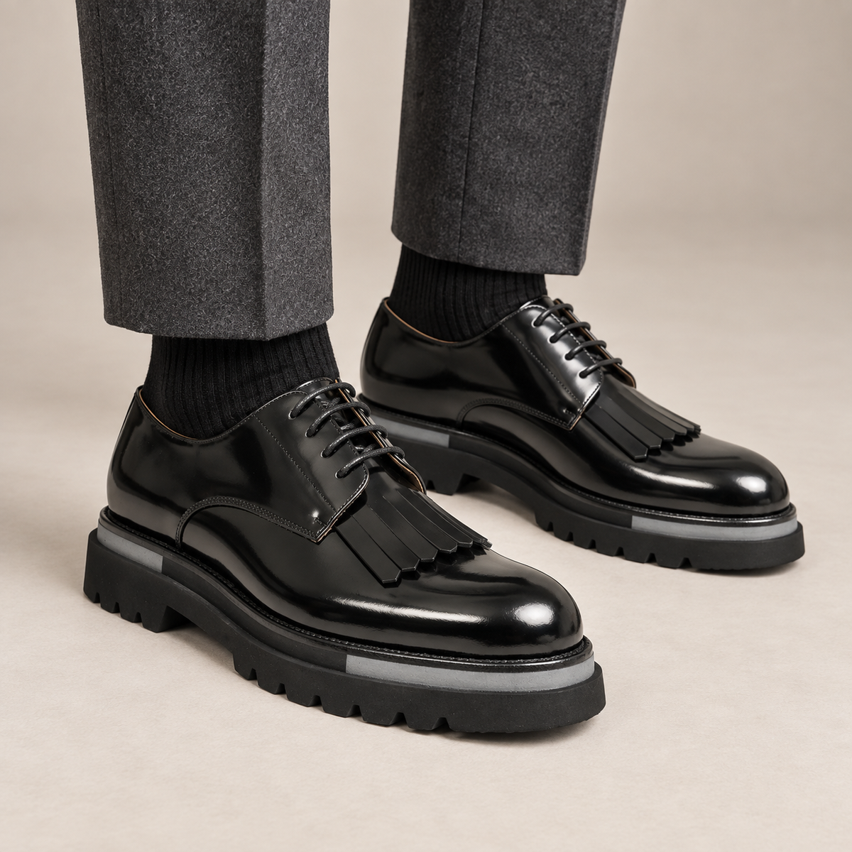 Black Kiltie Calf Leather Derby Shoes