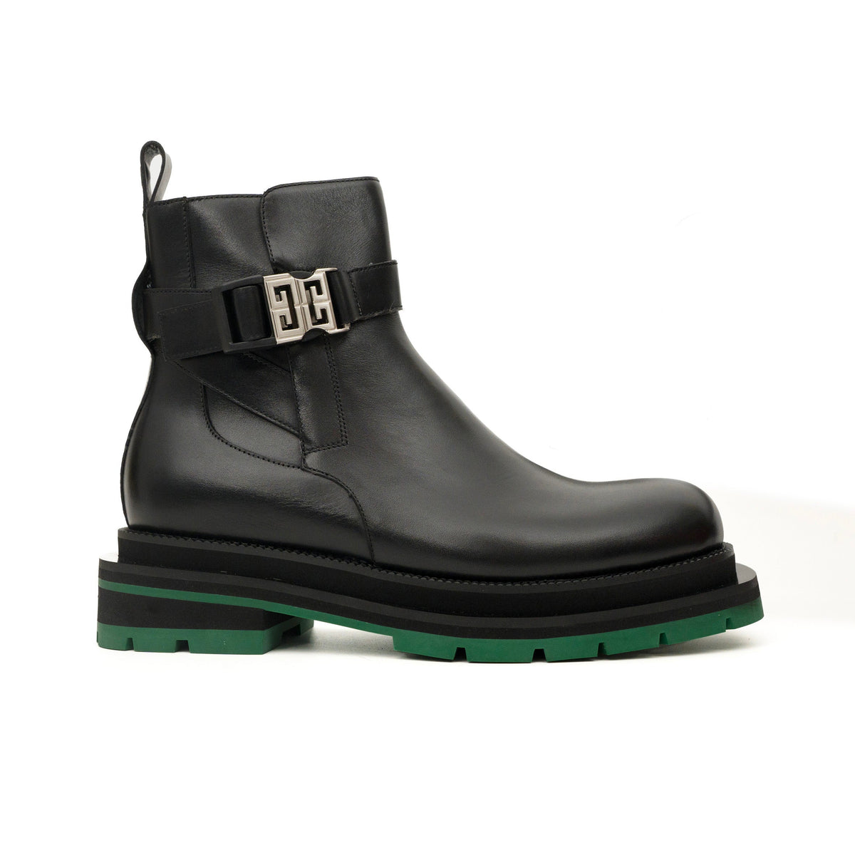 Black Leather Buckle Ankle Boots with Green Lug Sole