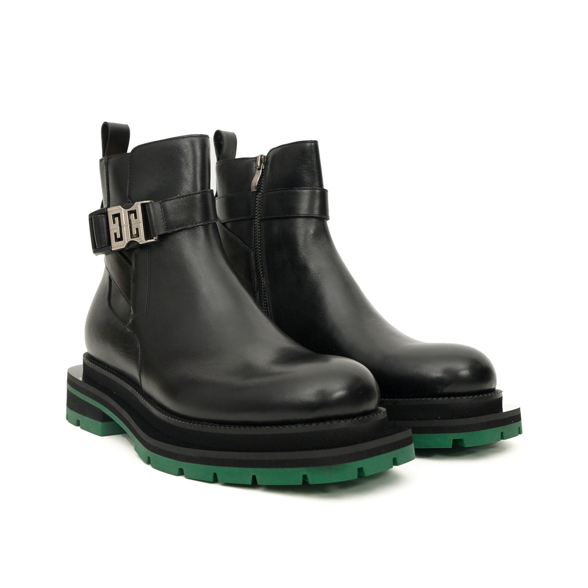 Black Leather Buckle Ankle Boots with Green Lug Sole
