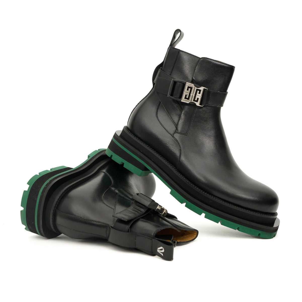 Black Leather Buckle Ankle Boots with Green Lug Sole