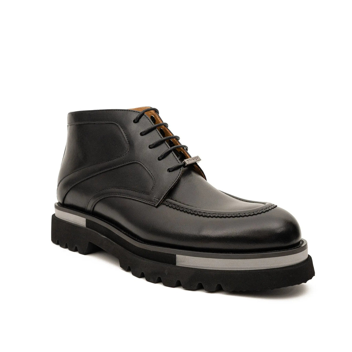 Black Apron-Toe Calf Leather Ankle Boots