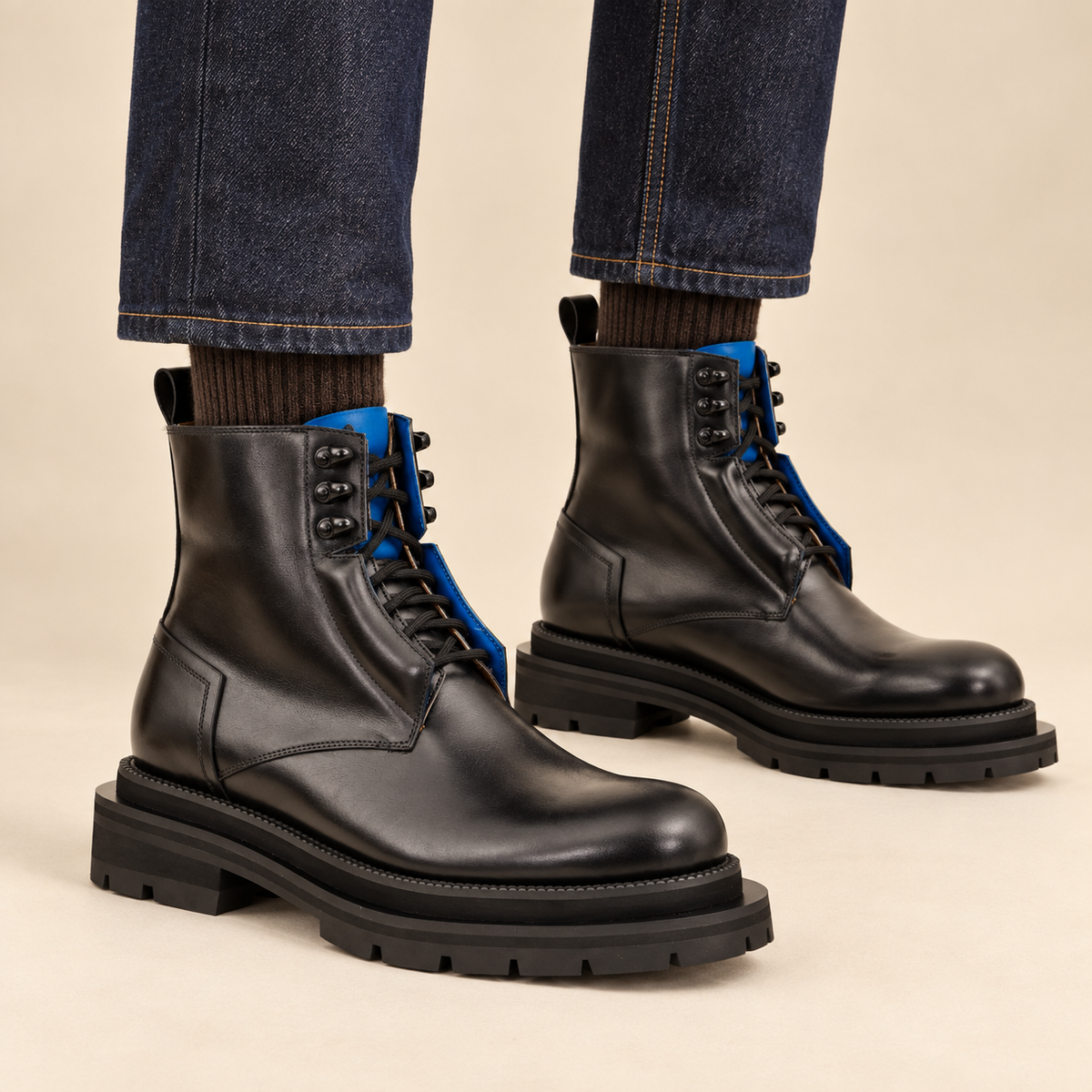 Black Leather Lace-Up Boots with Blue Detail