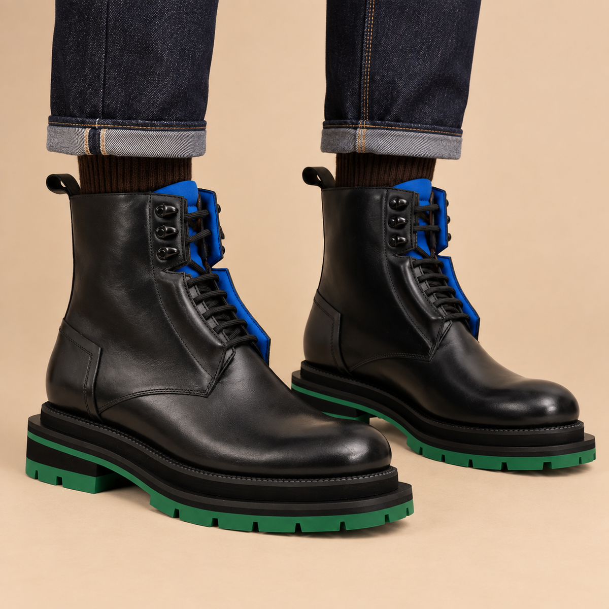 Black Leather Lace-Up Boots with Blue and Green Accents