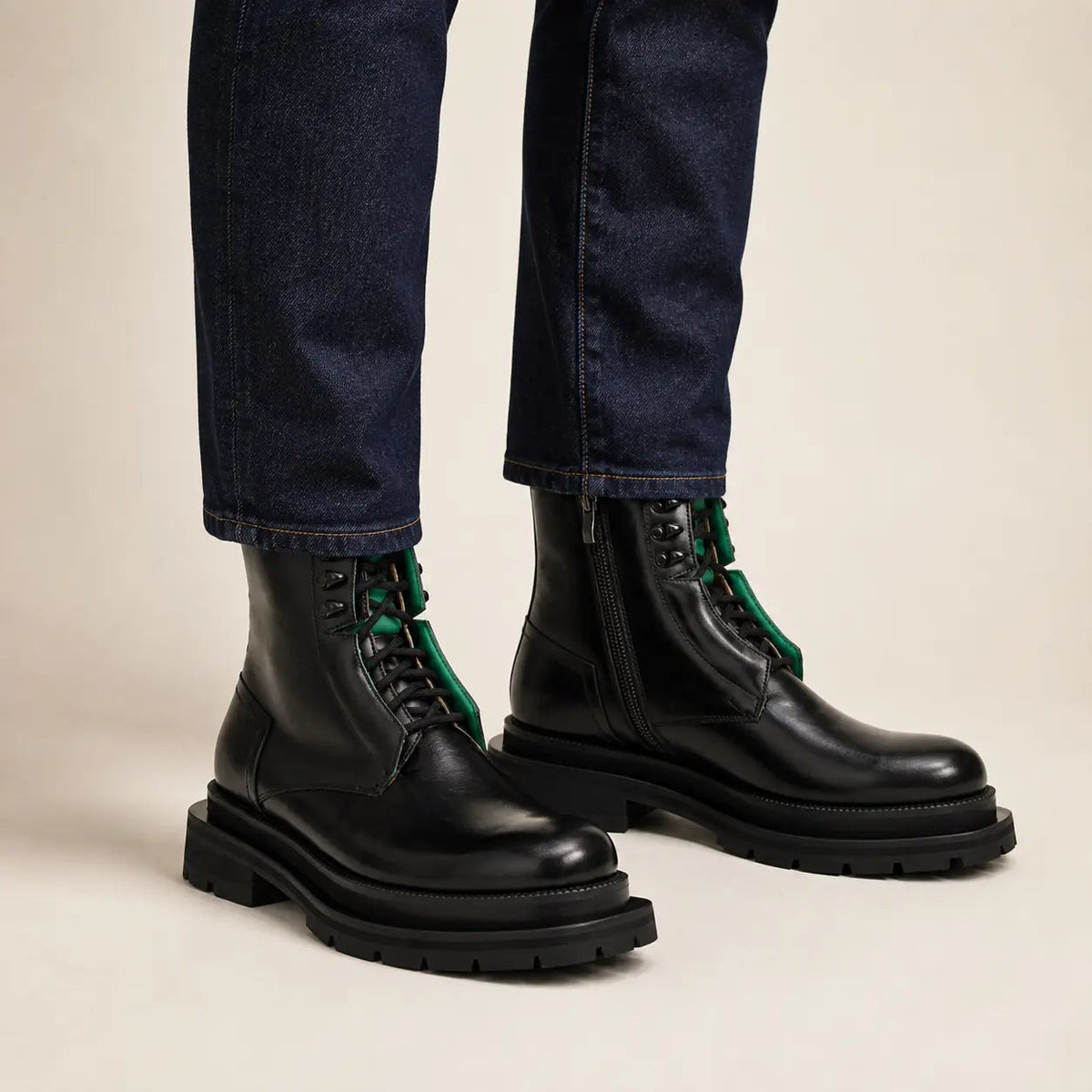 Black Plain-Toe Calf Leather Lace-Up Boots