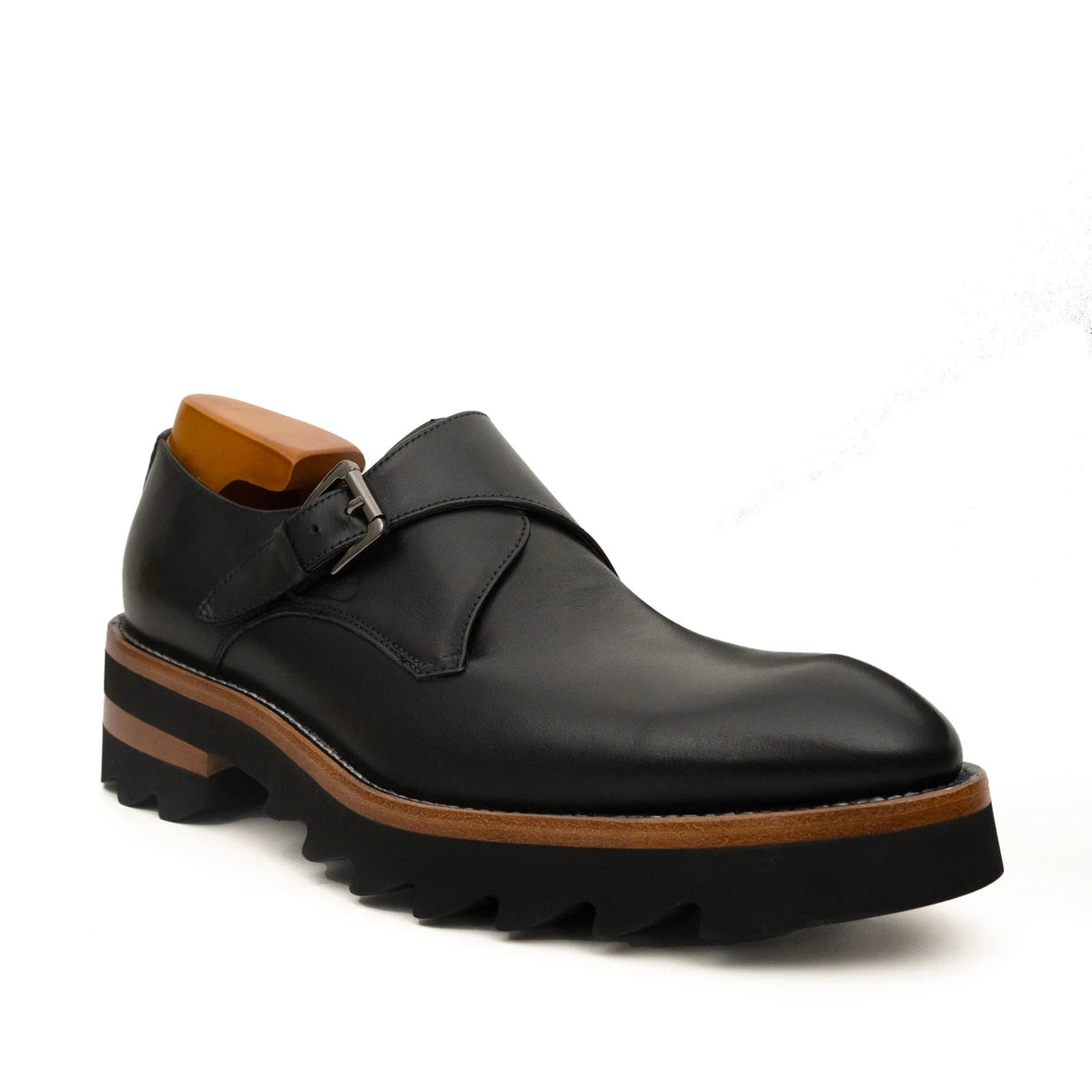 Black Plain-Toe Calf Leather Monk Shoes