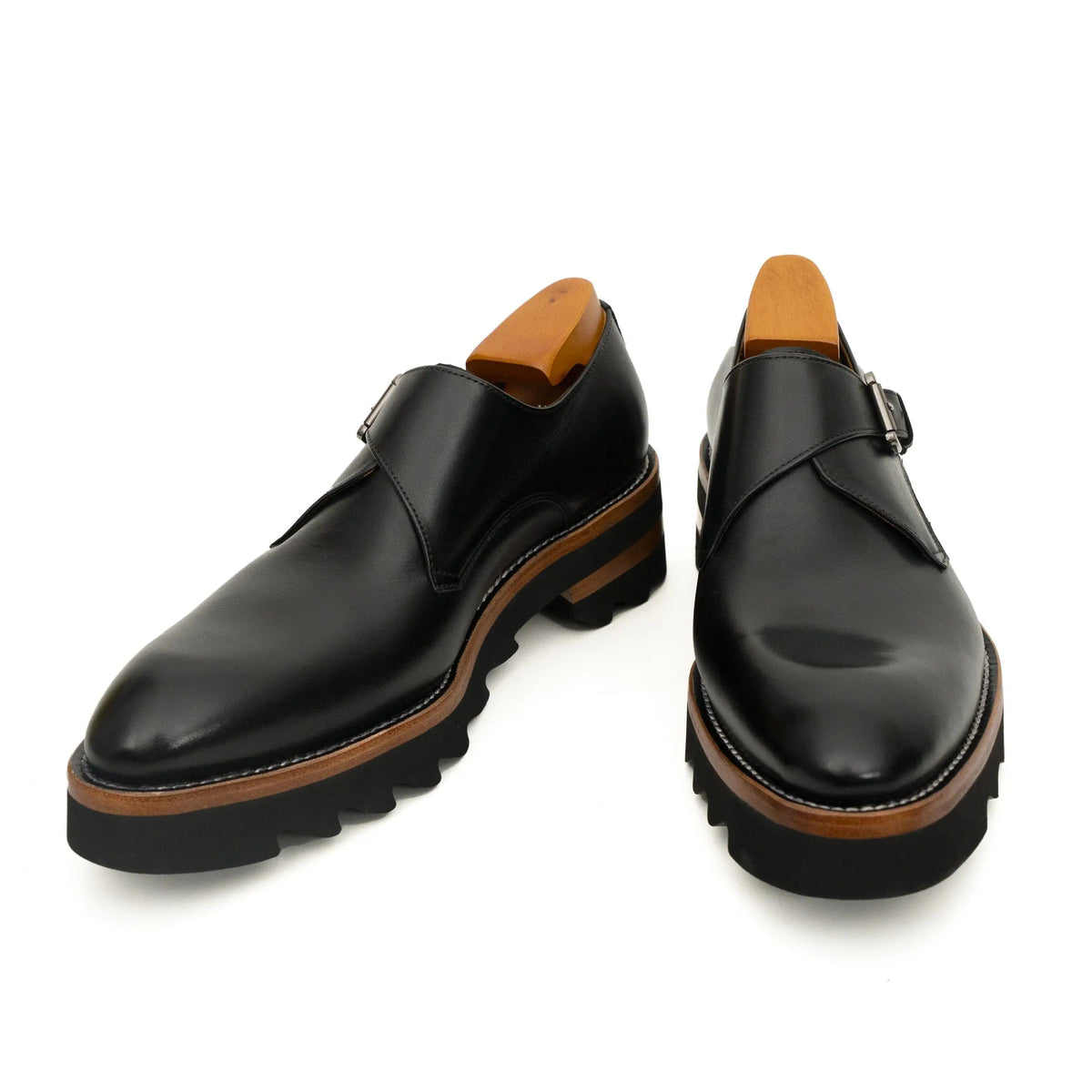 Black Plain-Toe Calf Leather Monk Shoes