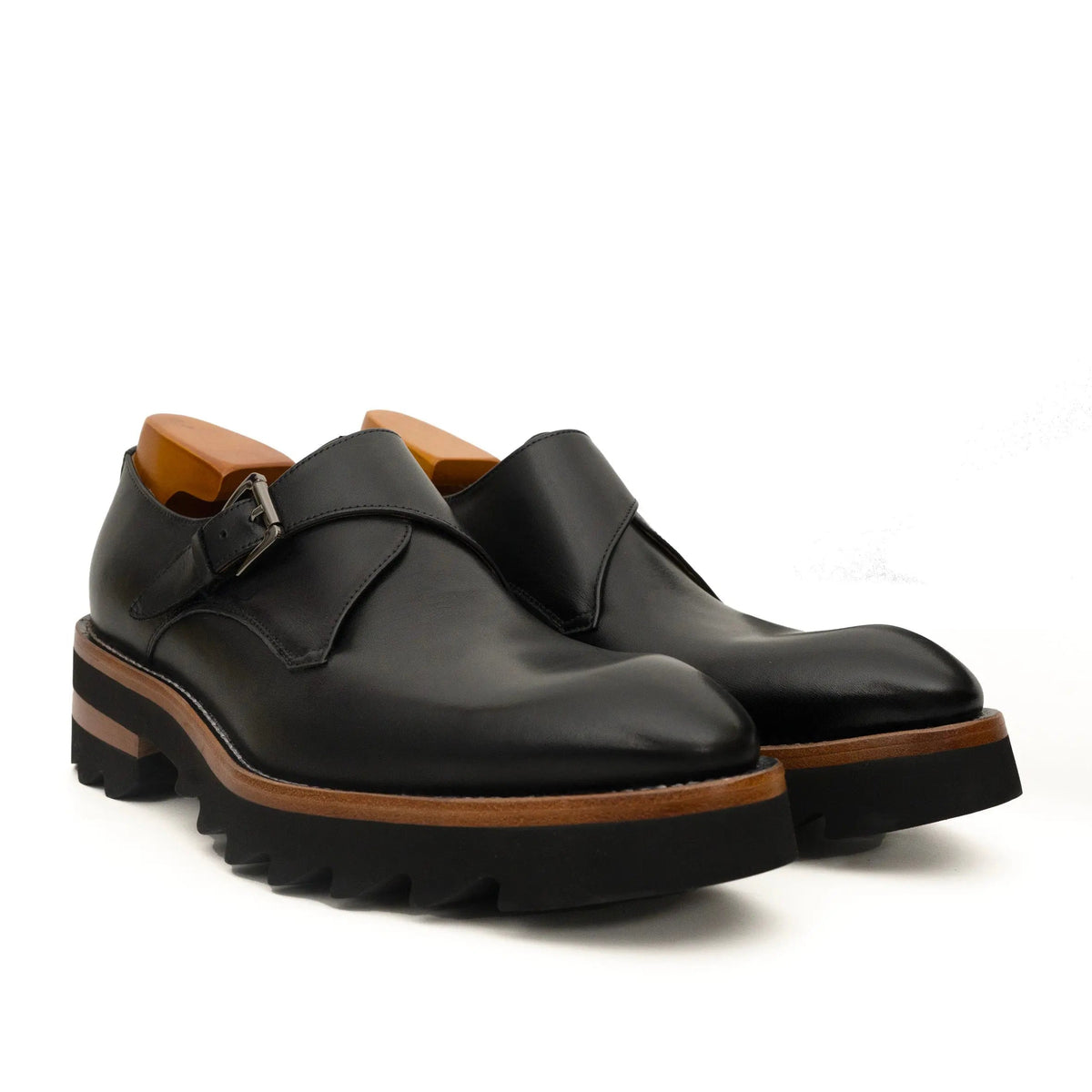Black Plain-Toe Calf Leather Monk Shoes
