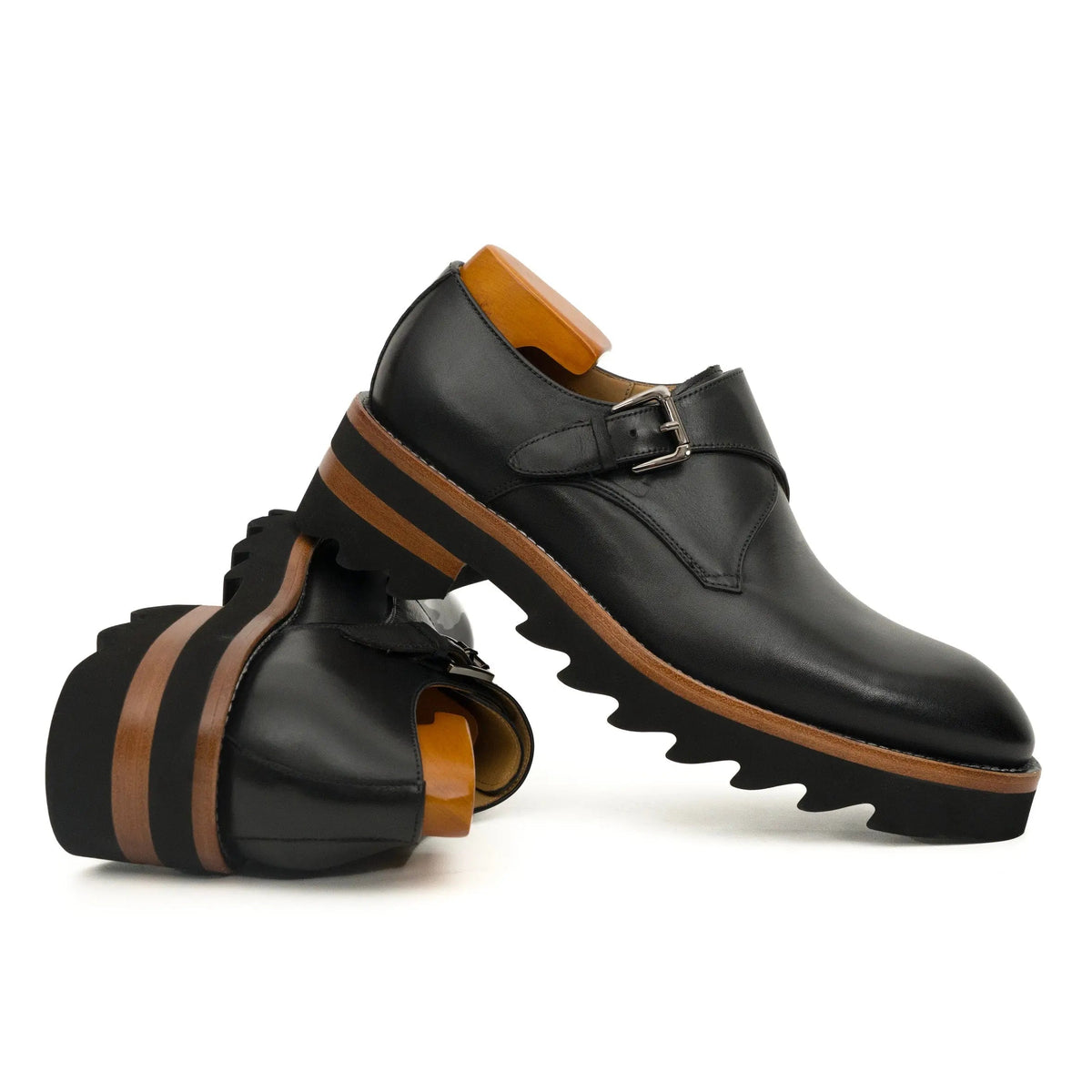 Black Plain-Toe Calf Leather Monk Shoes