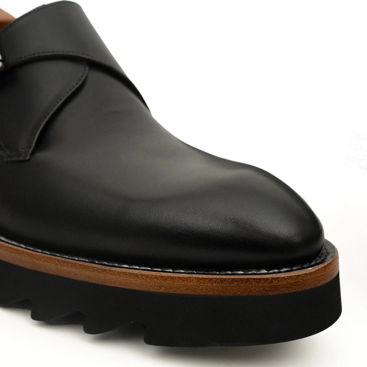 Black Plain-Toe Calf Leather Monk Shoes
