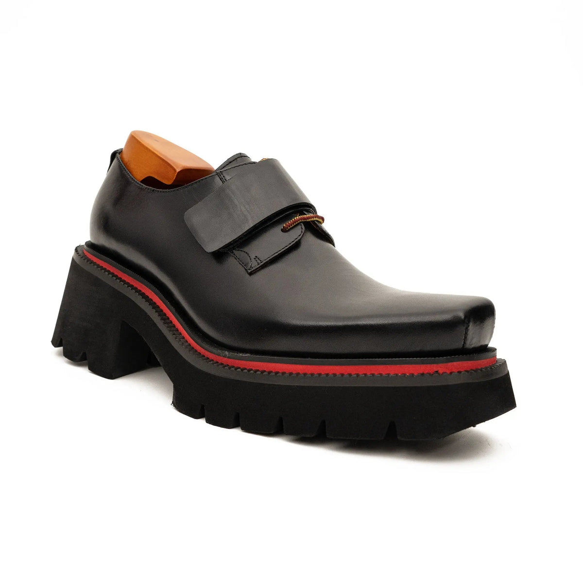 Black Square-Toe Calf Leather Monk Shoes