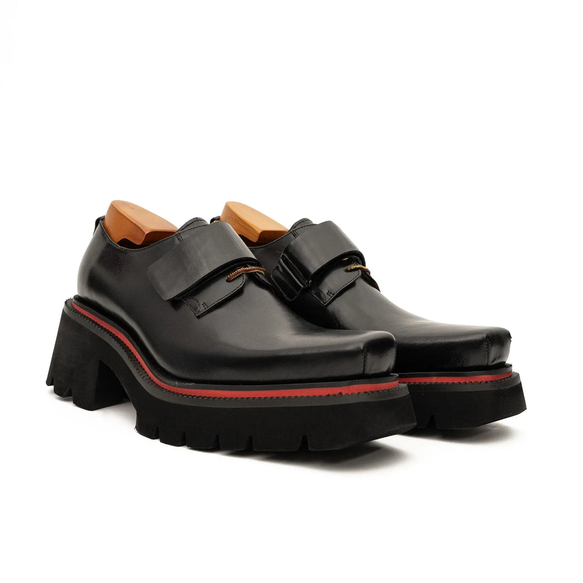 Black Square-Toe Calf Leather Monk Shoes