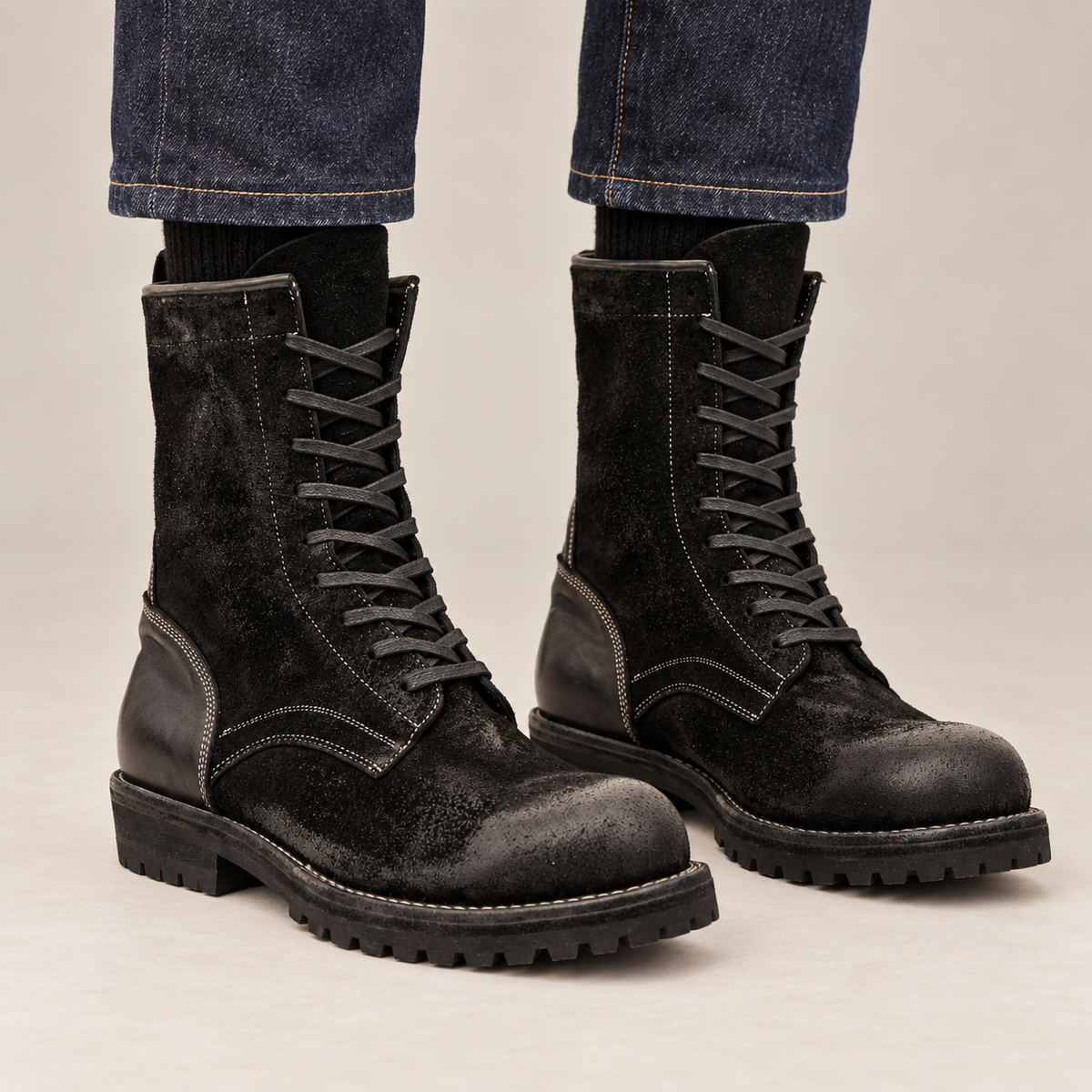 Black Plain-Toe Horsehide Lace-Up Boots