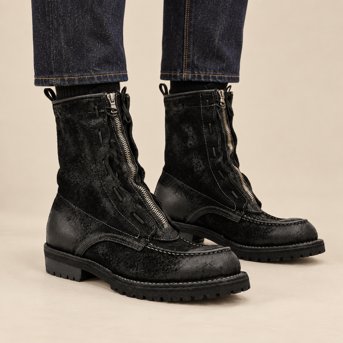 Black Plain-Toe Horsehide Lace-Up Boots