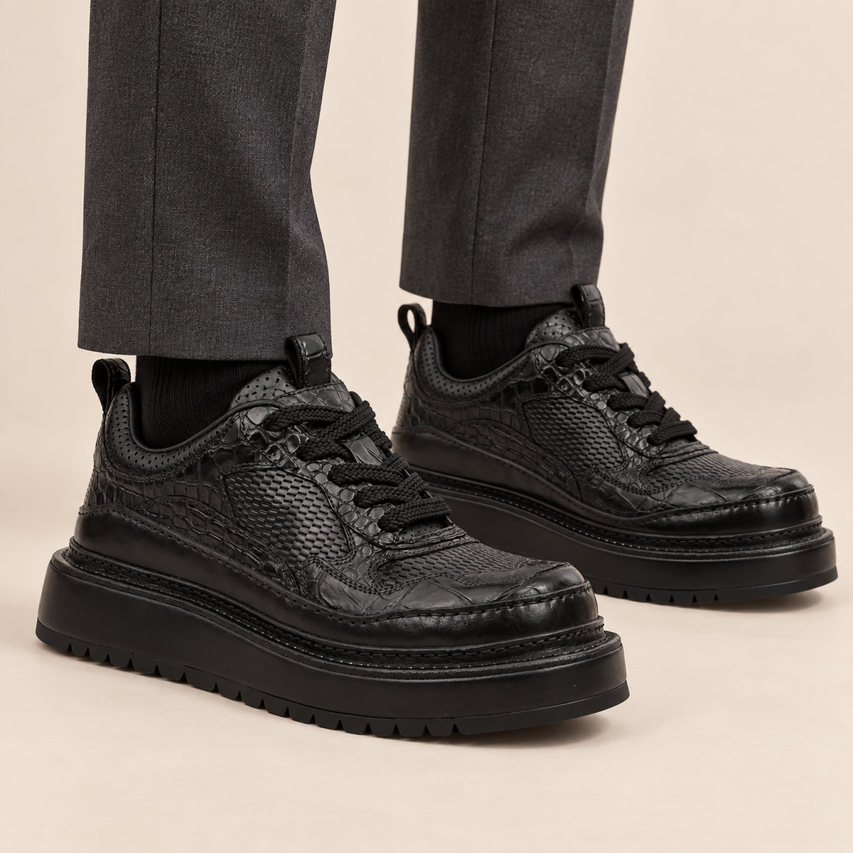 Black Platform Calf & Crocodile Leather Derby Shoes