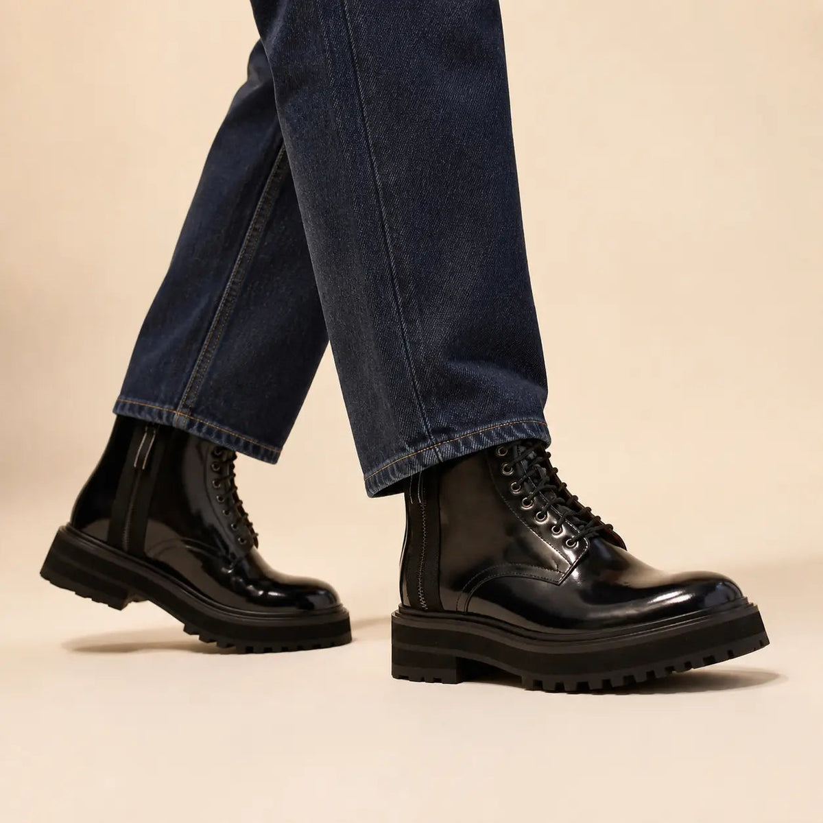 Blue-Black Calf Leather Lace-Up Boots