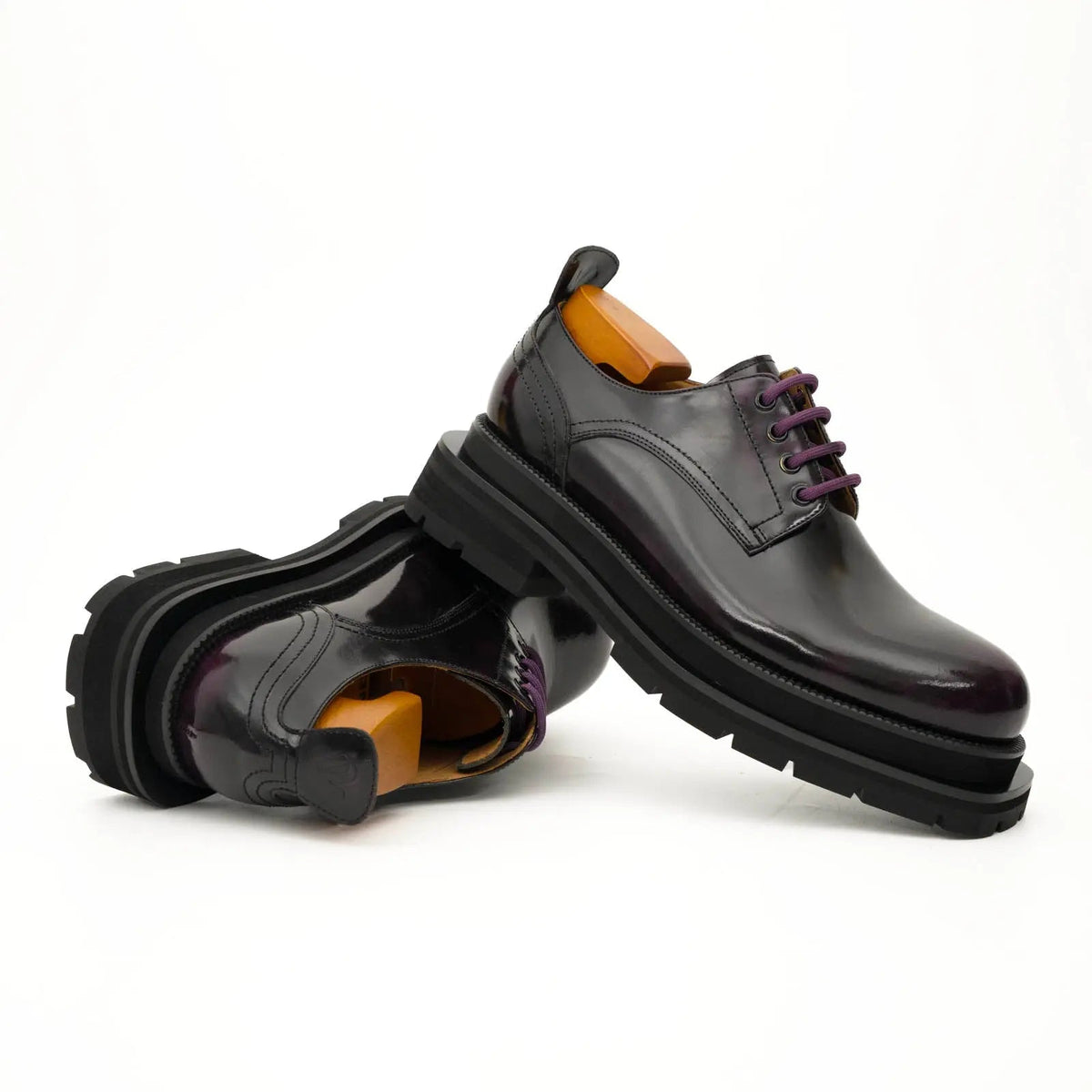 Purple Plain-Toe Calf Leather Derby Shoes