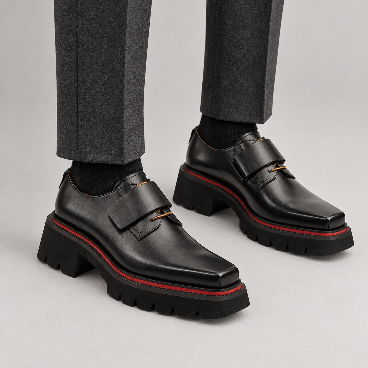 Black Square-Toe Calf Leather Monk Shoes