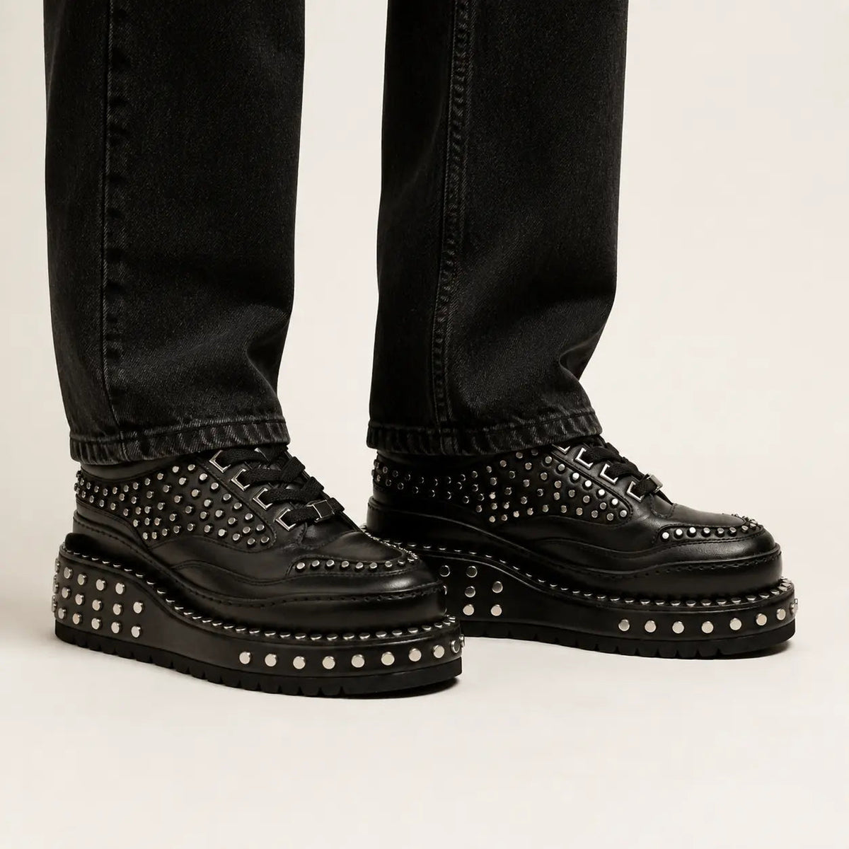 Black Studded Calf Leather Derby Shoes