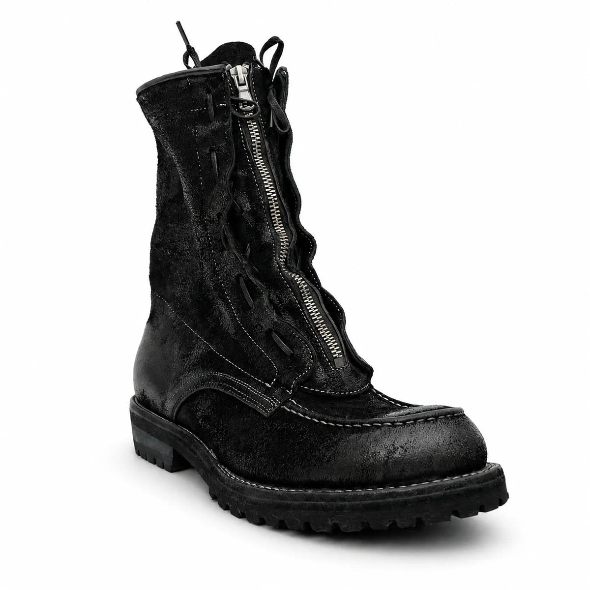 Black Plain-Toe Horsehide Lace-Up Boots