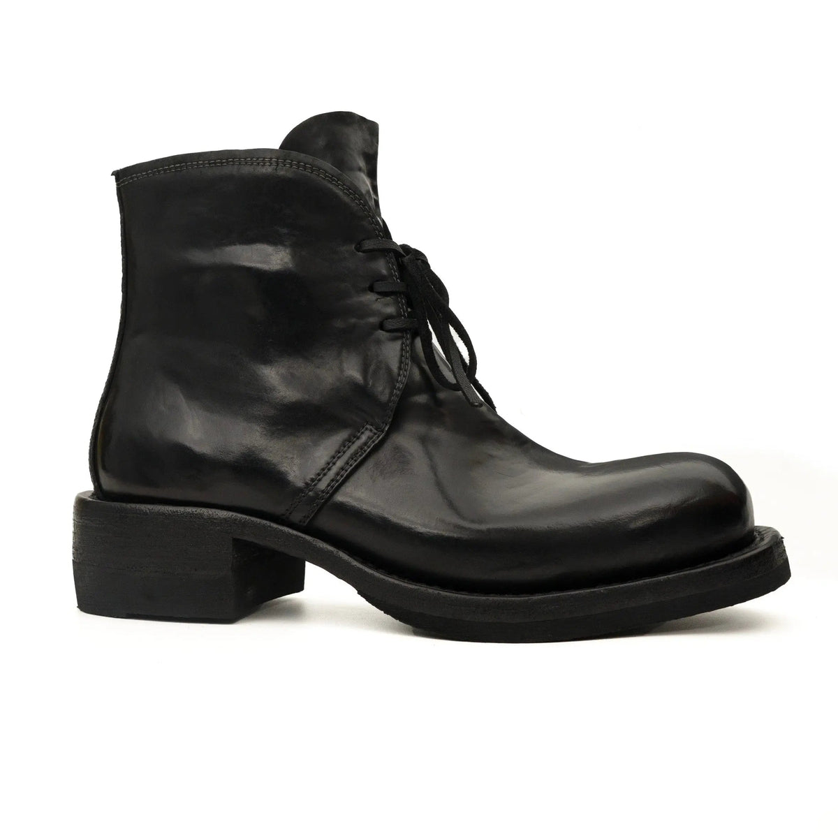 Black Plain-Toe Horse Butt Leather Ankle Boots