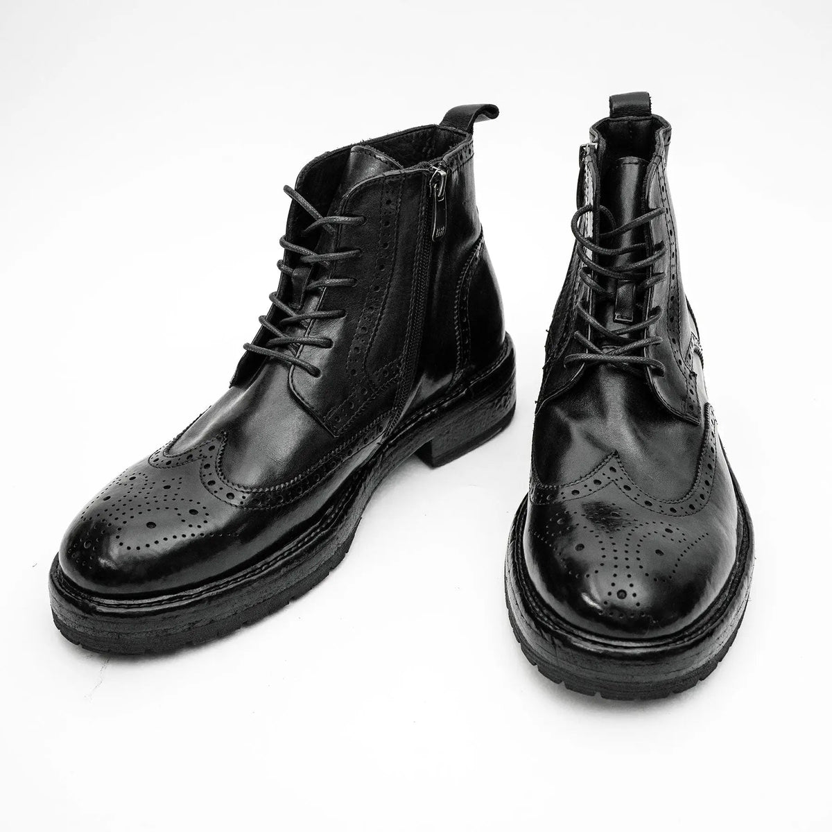 Black Wingtip Cow Leather Ankle Boots