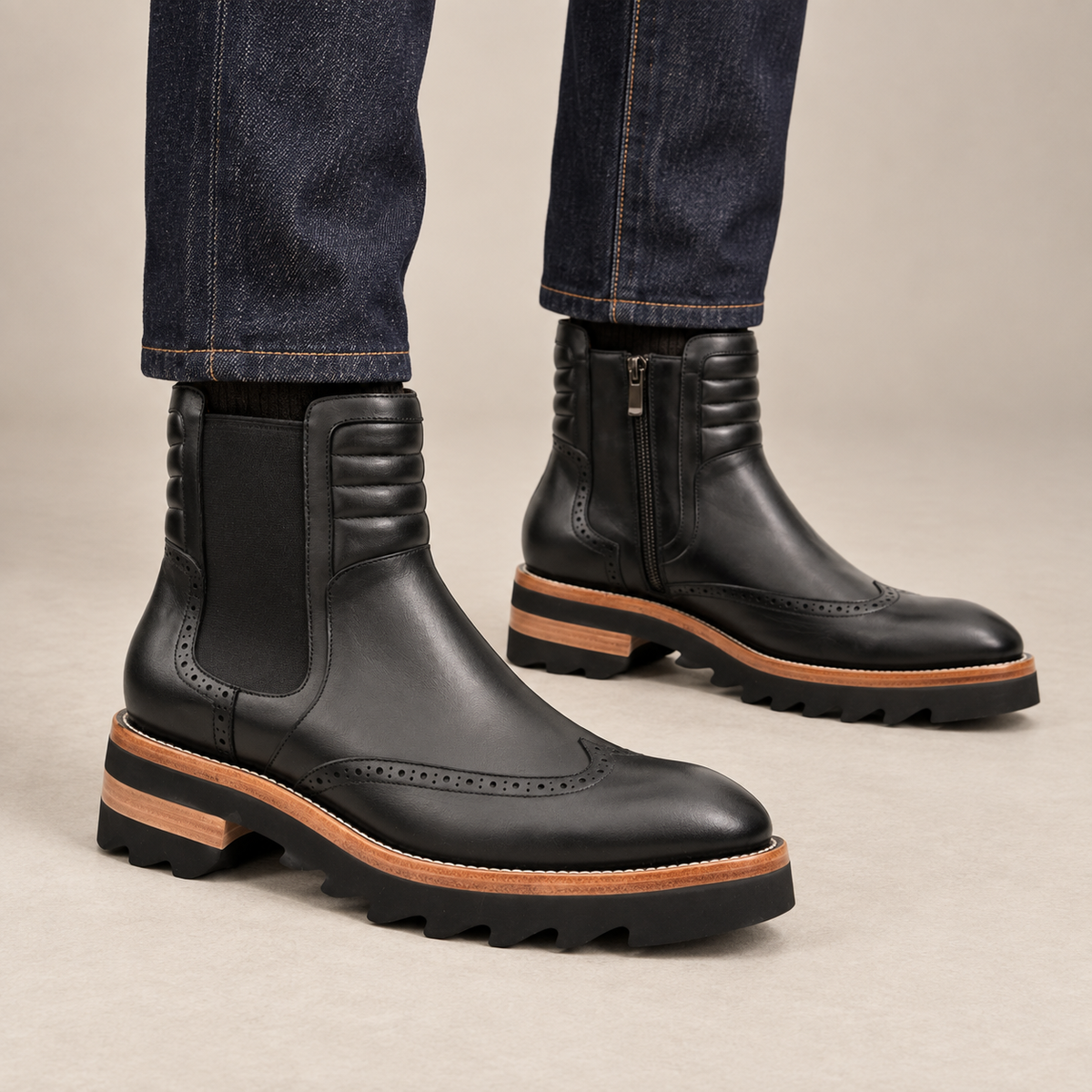 Black Wingtip Brogue Chelsea Boots with Tan Trim
