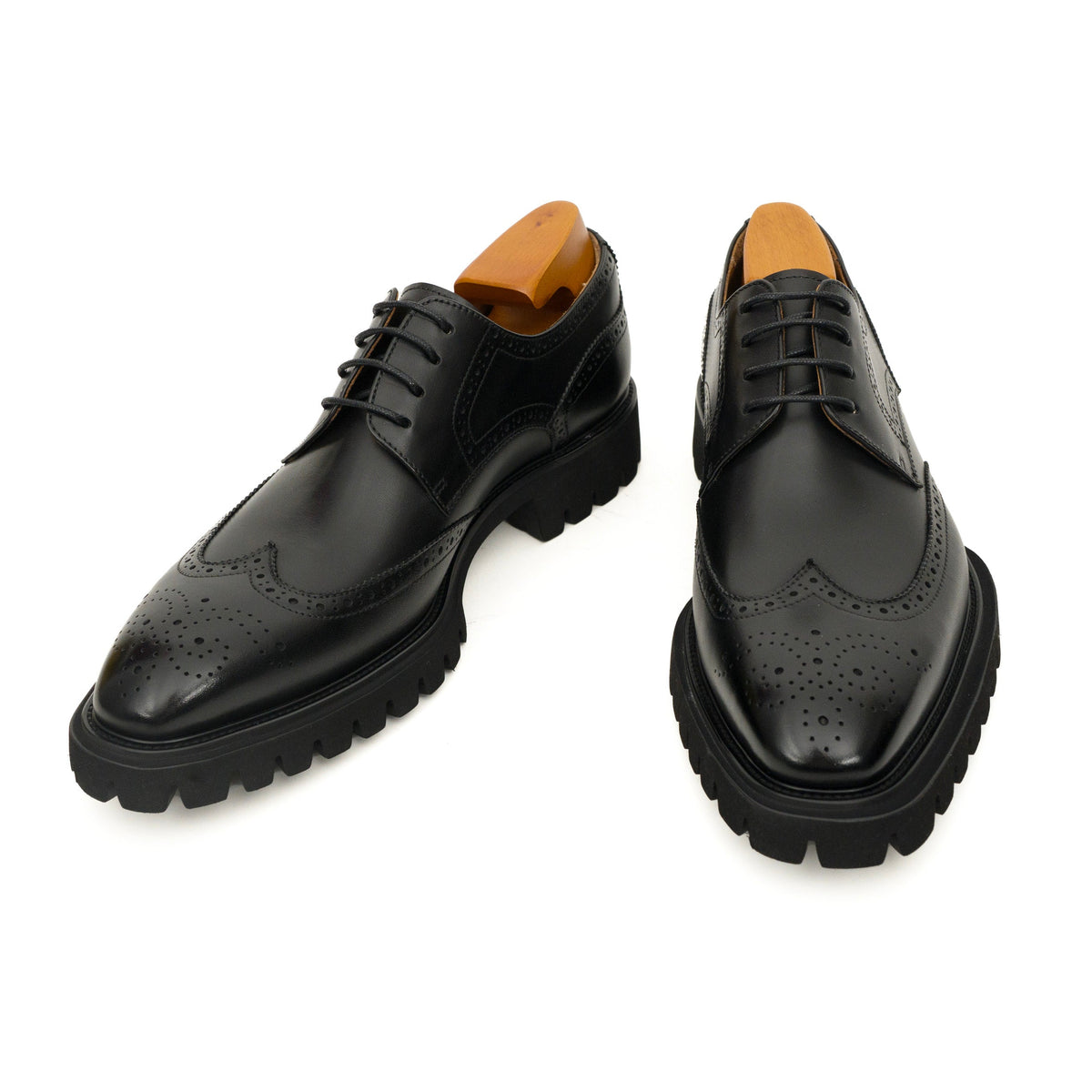Black Wingtip Brogue Derby Shoes with Toe Medallion