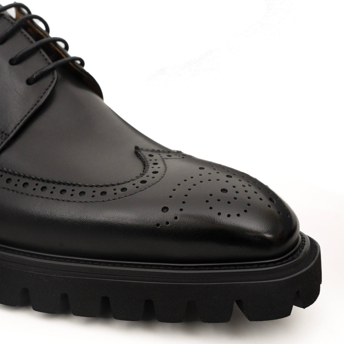 Black Wingtip Brogue Derby Shoes with Toe Medallion