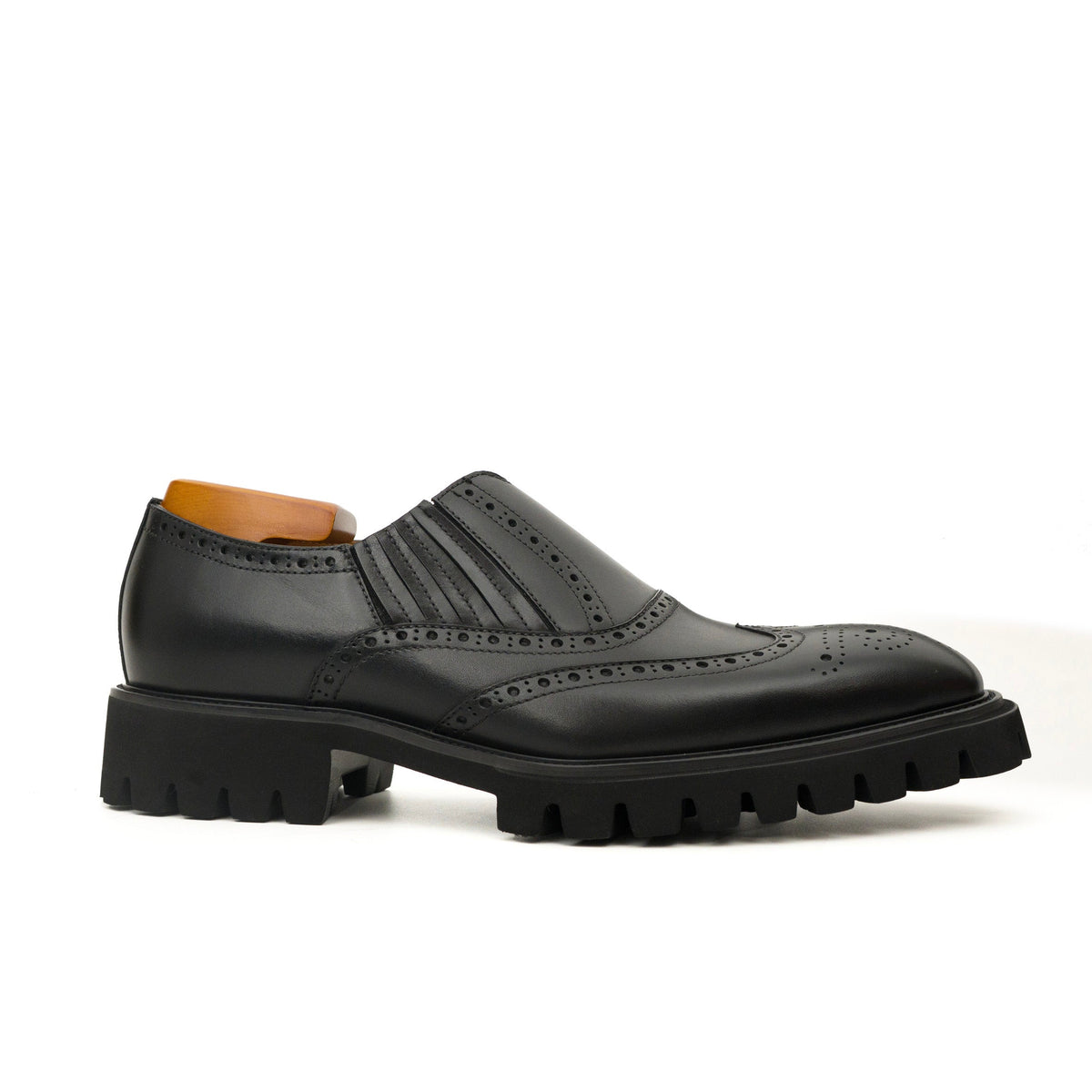 Black Wingtip Brogue Slip-On Shoes with Lug Sole
