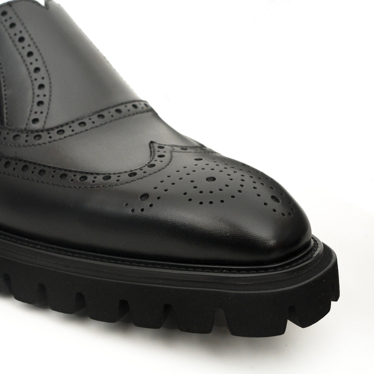 Black Wingtip Brogue Slip-On Shoes with Lug Sole