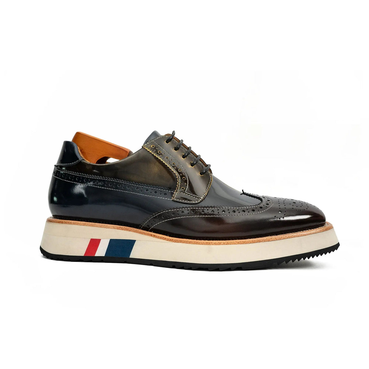 Brown and Black Wingtip Derby Shoes with Striped Sole