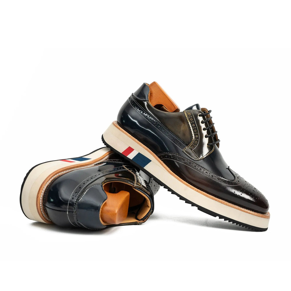 Brown and Black Wingtip Derby Shoes with Striped Sole