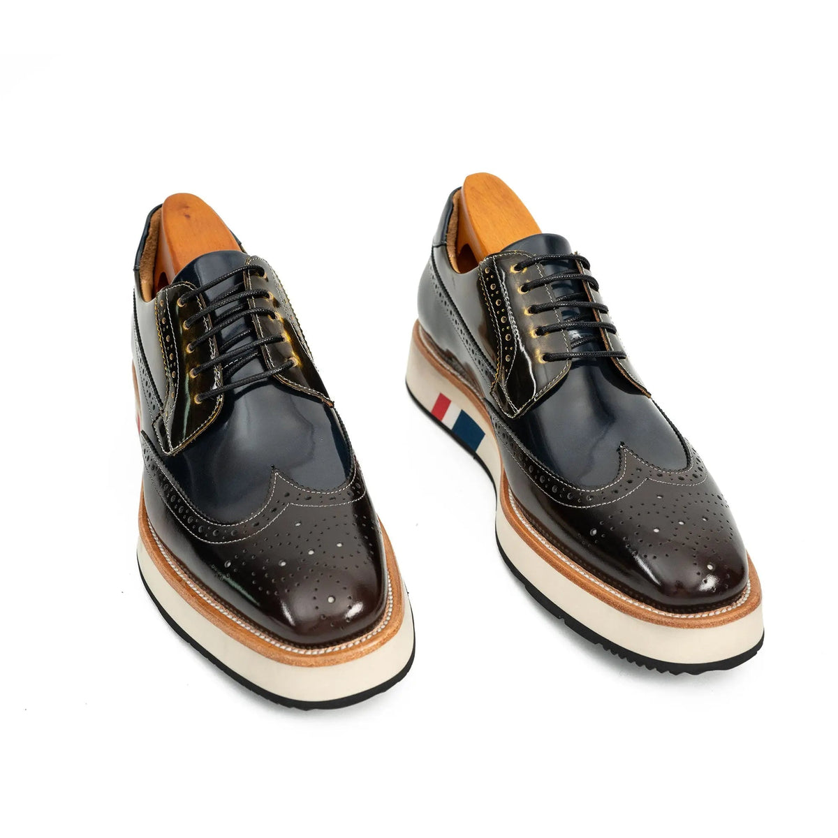 Brown and Black Wingtip Derby Shoes with Striped Sole