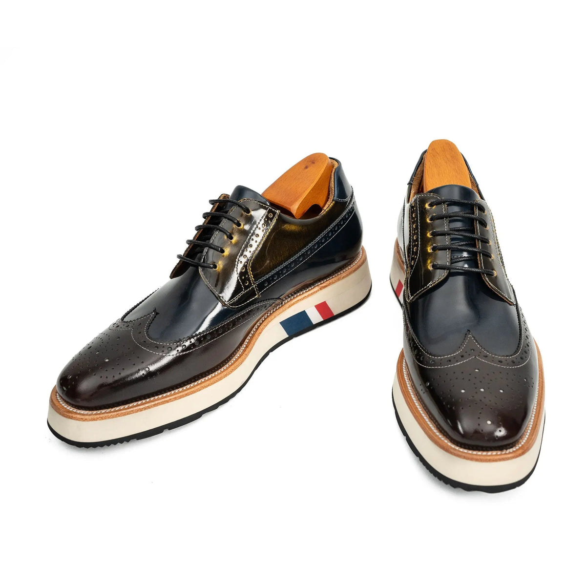 Brown and Black Wingtip Derby Shoes with Striped Sole