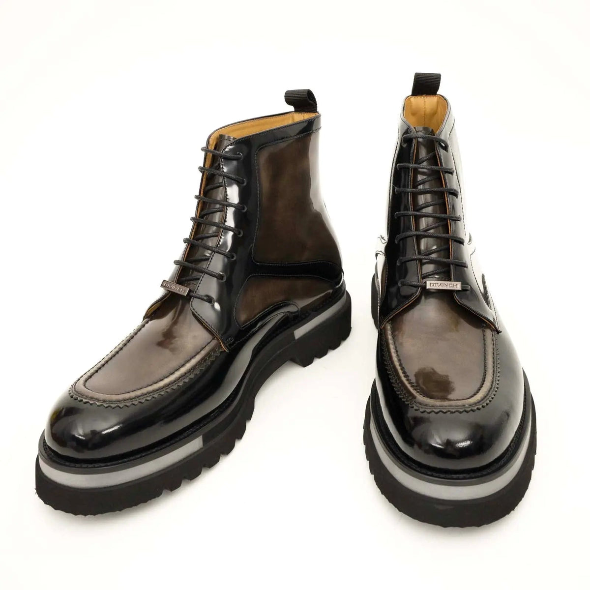 Brown-Black Apron-Toe Leather Lace-Up Boots
