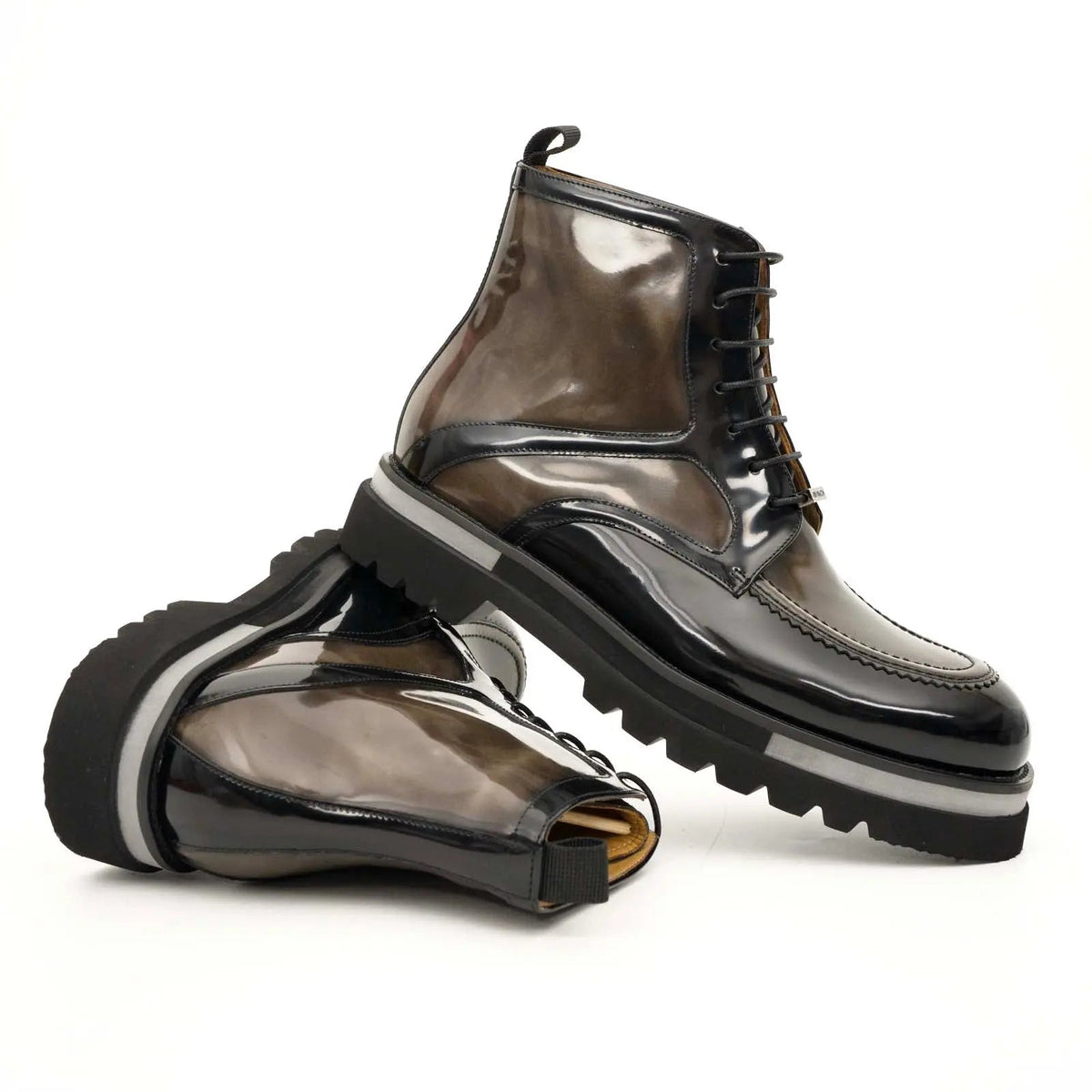 Brown-Black Apron-Toe Leather Lace-Up Boots